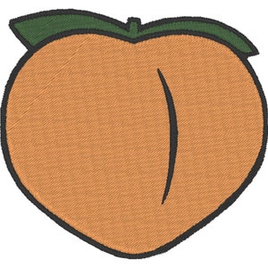 Peut inclure: Une pêche de dessin animé avec une feuille verte sur le dessus. La pêche est orange et a un contour noir.