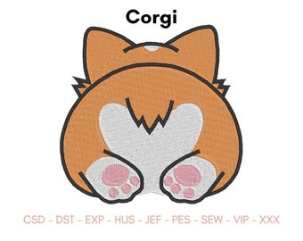 Op de afbeelding: Een borduurontwerp van de achterkant van een Corgi met oranje en witte vacht, puntige oren en roze voetzooltjes. De tekst Corgi staat boven het ontwerp en de tekst CSD - DST - EXP - HUS - JEF - PES - SEW - VIP - XXX staat eronder.