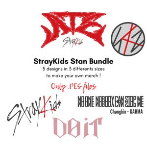 May include: A bundle of Stray Kids designs in red, black, and pink. The text includes "StrayKids Stan Bundle" and "NO ONE NOBODY CAN STOP ME". The designs are for making merchandise.