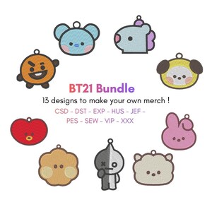 Könnte beinhalten: Ein digitales Stickmuster-Set mit acht bunten BT21-Charakter-Symbolen, die in einem Kreis angeordnet sind. Der Text lautet BT21 Bundle, 13 designs to make your own merch, und listet Dateiformate wie CSD, DST, EXP, HUS, JEF, PES, SEW, VIP und XXX auf.