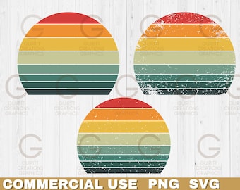 Retro Sunset png and svg, commercial license graphic, Vintage sunset clip art bundle, Retro bright sunrise circle shape instant download png
