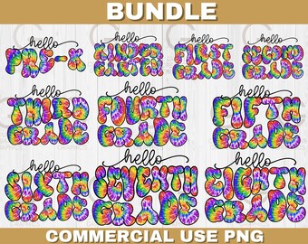 Hello grades Bundle PNG, tie dye groovy back to school PNG Bundle, pierwszy dzień szkoły sublimacja png, jasne kolory szkolne png Bundle