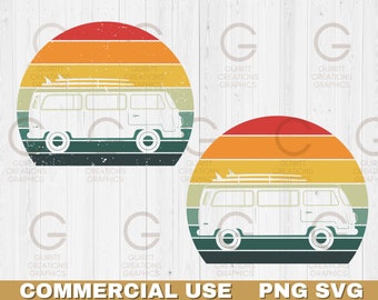 Vintage Van Sunset png and svg Summer beach sunset Retro sunset clip art bundle Retro bright sunrise Vintage surfer car sunset background