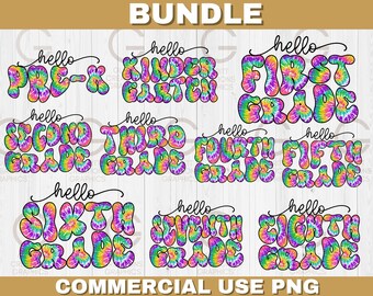 Hello grades Bundle PNG, tie dye groovy back to school PNG Bundle, pierwszy dzień szkoły sublimacja png, retro falista grafika szkolna png Bundle
