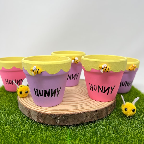 Winnie the Pooh Terra Cotta Hunny Pots Centerpieces Party Favors for Birthdays , Handpainted Pooh Bear Party Favors, Clay Pots Pooh Theme