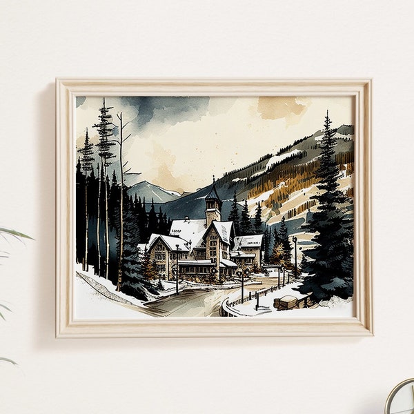 Watercolor & Ink Illustration of Vail Ski Resort | Vibrant Colorado Mountain Art | Downloadable Winter Sports Wall Decor | Scenic Print