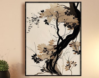 Resumen Sakura imprimible / Beige & Negro Neutral Oriental / Elegante arte de pared de flor de cerezo / Acento de inspiración asiática descargable