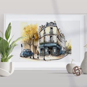 Paris Art Digital Print Watercolor Ink French Cityscape Charming Parisian Scene Printable Wall Decor French Wall Decor