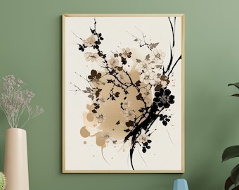 Resumen Sakura Beige & Negro / Arte de pared botánico neutro / Diseño elegante de flor de cerezo / Decoración del hogar imprimible descargable