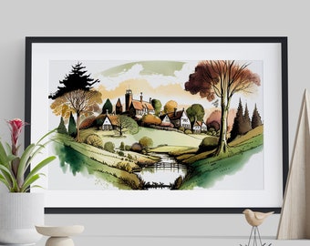湖畔、湖の絵画、水景、水彩画、田園風景、田舎、水彩風景、オリジナル