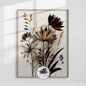 Abstrakte Blumen druckbare beige & schwarze neutrale botanische elegante Blumenwandkunst zum Herunterladen Natur inspirierter Akzent