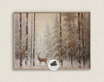 May include: A painting of a snowy forest scene with a deer standing in the middle of the trees. The deer is brown with antlers and is looking to the left. The trees are covered in snow and the background is a hazy white.