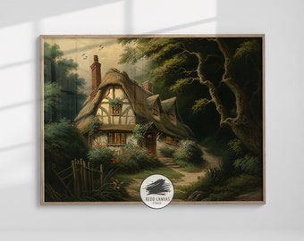 Forest Cottage Art Printable Cottage Rustic Cabin Print Serene Forest Landscape Vintage Painting Downloadable Art