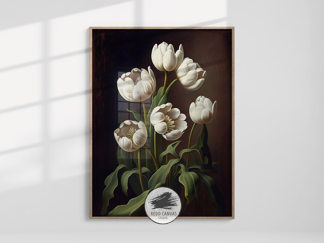 Vintage White Tulips Oil Painting Print Elegant Floral Art Timeless ...