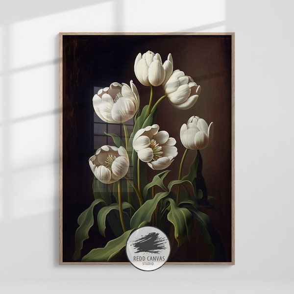 Vintage White Tulips Oil Painting Print Elegant Floral Art Timeless Wall Decor Digital Download for Home & Office Spaces