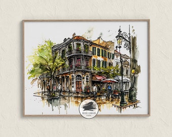 Watercolor Ink Print French Quarter Print New Orleans Decor Vibrant Cityscape Margi Gras Print Bourbon Street Download