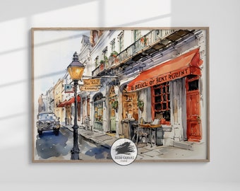 May include: Watercolor painting of a street scene in a European city. The street is lined with buildings, and there is a red awning over a shop with the sign "B. BEUCLER or BENT ROUND". There is a car parked on the street, and a street lamp in the foreground.