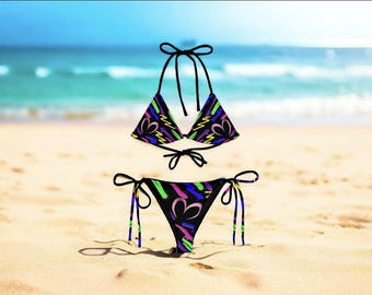 Vintage Love Print Removable Padded String bikini