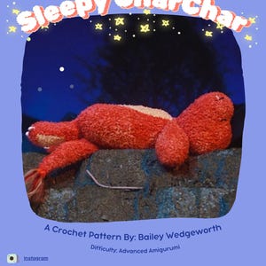 May include: A crochet pattern for a red amigurumi character named "Sleepy Char Char" sleeping on a rock under a starry night sky. The pattern is by Bailey Wedgeworth and is considered advanced amigurumi. The image includes links to the creator's social media pages: Instagram, Facebook, and Etsy.