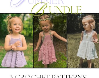 May include: Three crochet patterns for girls' dresses. The dresses are in shades of purple, pink, and white. The dresses are all sleeveless and have a simple design. The patterns are called "Summer Bundle".