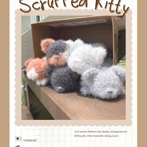 Könnte beinhalten: Eine Gruppe handgefertigter, flauschiger Amigurumi-Kätzchen in verschiedenen Farben, darunter Weiß, Grau und Orange, wird gezeigt. Das Bild enthält den Text "Scruffed Kitty" sowie Details zum Häkelmuster, einschließlich des Designers und des Schwierigkeitsgrades.