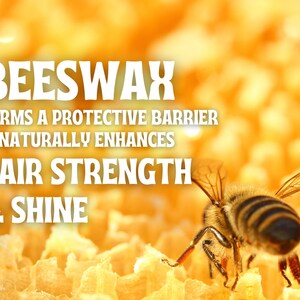 May include: A close-up of a honeycomb with a bee on top. The text "BEESWAX FORMS A PROTECTIVE BARRIER & NATURALLY ENHANCES HAIR STRENGTH & SHINE" is written in white letters on a yellow background.