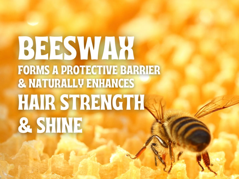 May include: A close-up of a honeycomb with a bee on top. The text "BEESWAX FORMS A PROTECTIVE BARRIER & NATURALLY ENHANCES HAIR STRENGTH & SHINE" is written in white letters on a yellow background.