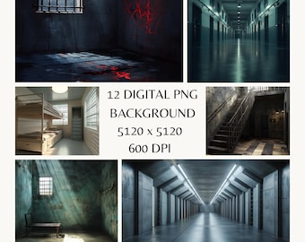 Fondo digital de prisión oscura, fondo de celda abandonada, superposición de fotos con un tono melancólico para escenas dramáticas, estética de prisión grunge