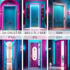 Digital Backdrop Luxury Door, Pink and Turquoise Doorway Background, Portrait Digital Backdrop, Beautiful Art Deco style background