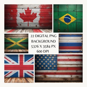 Puede incluir: Un conjunto de 22 fondos digitales que presentan varias banderas nacionales pintadas en tablones de madera. Cada fondo tiene 5376 x 3584 píxeles y 600 DPI.
