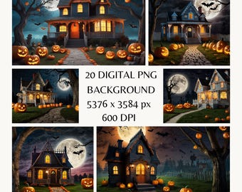 Halloween Haunted House Digital Backdrop with Pumpkins and Full Moon, Spooky Halloween Night Background for Photoshoots