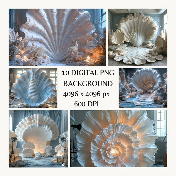 Giant Sea Shell Backdrop for Photography - Underwater Theme Studio Decor with White and Blue Accent, Sea Shell Studio Prop,Ocean Theme Decor