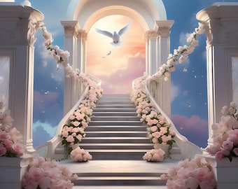 Digital Heavenly Staircase Backdrop for Memorial - High-Resolution Ethereal Background for Spiritual and Funeral Program, Memorial Wallpaper