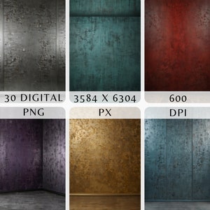 Könnte beinhalten: Sechs verschiedene strukturierte Wandhintergründe in verschiedenen Farben, darunter Grau, Türkis, Rot, Lila, Gold und Blau.  30 digitale PNG, 3584 x 6304 px, 600 DPI.