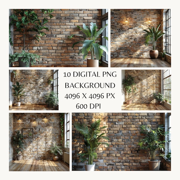 Digital Backdrop, Rustic Brick Wall, Urban Loft Style, Plant Decor - Ideal for Portraits & Product Photography, Product Photography Setting