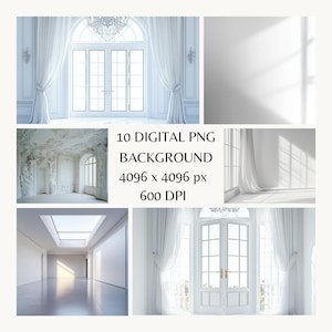 May include: A set of 10 digital PNG backgrounds featuring white rooms with large windows and flowing curtains. The backgrounds are 4096 x 4096 pixels and 600 DPI.