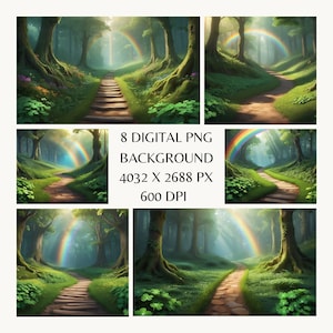 May include: Eight digital background images of a green forest path with a rainbow in the sky. The path is made of stone and leads through the trees. The forest is lush and green with sunlight shining through the leaves.