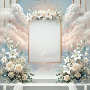 May include: A white wedding ceremony backdrop with a gold ornate frame, white flowers, and a white, framed sign that reads "Offer Your Dreams, Receive Your Wings".