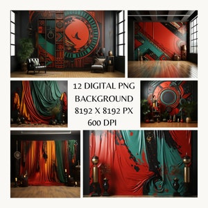 May include: A set of 12 digital backgrounds featuring a variety of designs, including geometric patterns, abstract shapes, and draped fabric. The backgrounds are in a dark color scheme with red, green, and gold accents. The backgrounds are 8192 x 8192 pixels and 600 DPI.