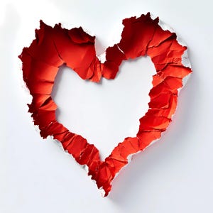 May include: A red paper heart shape cut out of a white background. The edges of the heart are jagged and torn.