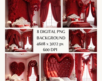 Fondo digital con tema de San Valentín para dormitorio, fondo digital con superposición de fotos románticas, escena íntima en el dormitorio, sesión de fotos para San Valentín