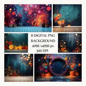 May include: Eight digital backgrounds featuring abstract paint splatters in various colors, including blue, green, yellow, orange, red, and purple. The backgrounds are set against a dark blue backdrop and feature a variety of shapes and sizes of paint splatters.