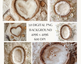 Boho Newborn Photography Basket Backdrop, Rustic Baby Photo Prop, Heart & Oval Shaped Wicker Nest with Feathers and Florals