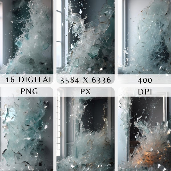 Broken Glass Wall Digital Backdrop | Dramatic Photo Overlay | Shattered Glass Photo Effect for Visual Impact | Abstract Glass Wall Overlay