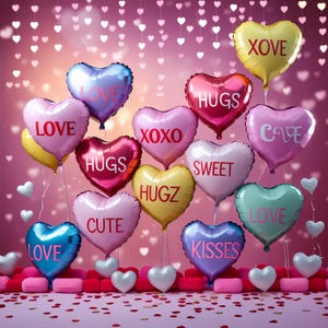 May include: A pink background with a garland of pink hearts.  There are 12 heart-shaped balloons with different messages, including "Love", "Hugs", "XOXO", "Sweet", "Cute", "Kisses", and "Cave".