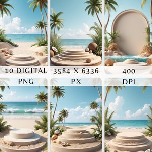 Fondo del producto Foto de playa de arena / Fondo digital de arena costera 3D / Superposición de fotos de playa realista / Edición de fotos de tema de playa