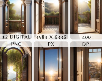 Digital Background of Open Wooden Arch Balcony Doorway with Sun Shining In | Rustic Home Decor Overlay | Sunny Background  Portrait Backdrop