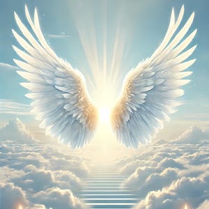 May include: A pair of white angel wings with a golden glow, set against a backdrop of fluffy white clouds and a bright blue sky. A stairway leading upwards is visible in the centre of the image, with two lit candles on either side.