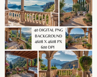 Breathtaking Greek Balcony Digital Backdrop - Ideal for RPG, Themed Photography, and Enchanting Fantasy Art Projects! 40 digital overlays