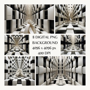 May include: Eight digital backgrounds featuring a white and black checkered pattern with a 3D effect. The pattern is made up of cubes that create a tunnel-like effect. The backgrounds are 4096 x 4096 pixels and 400 DPI.